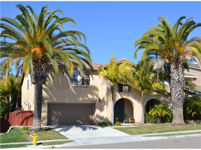 Front of house, including two majestic Canary Palm trees, 3 King Palm Trees and a row of Pygmy Date Palms along the side yard.