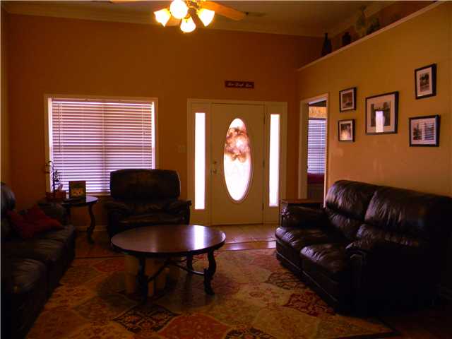 nice open den with plant ledge, laminate flooring, gas fireplace and lots of light