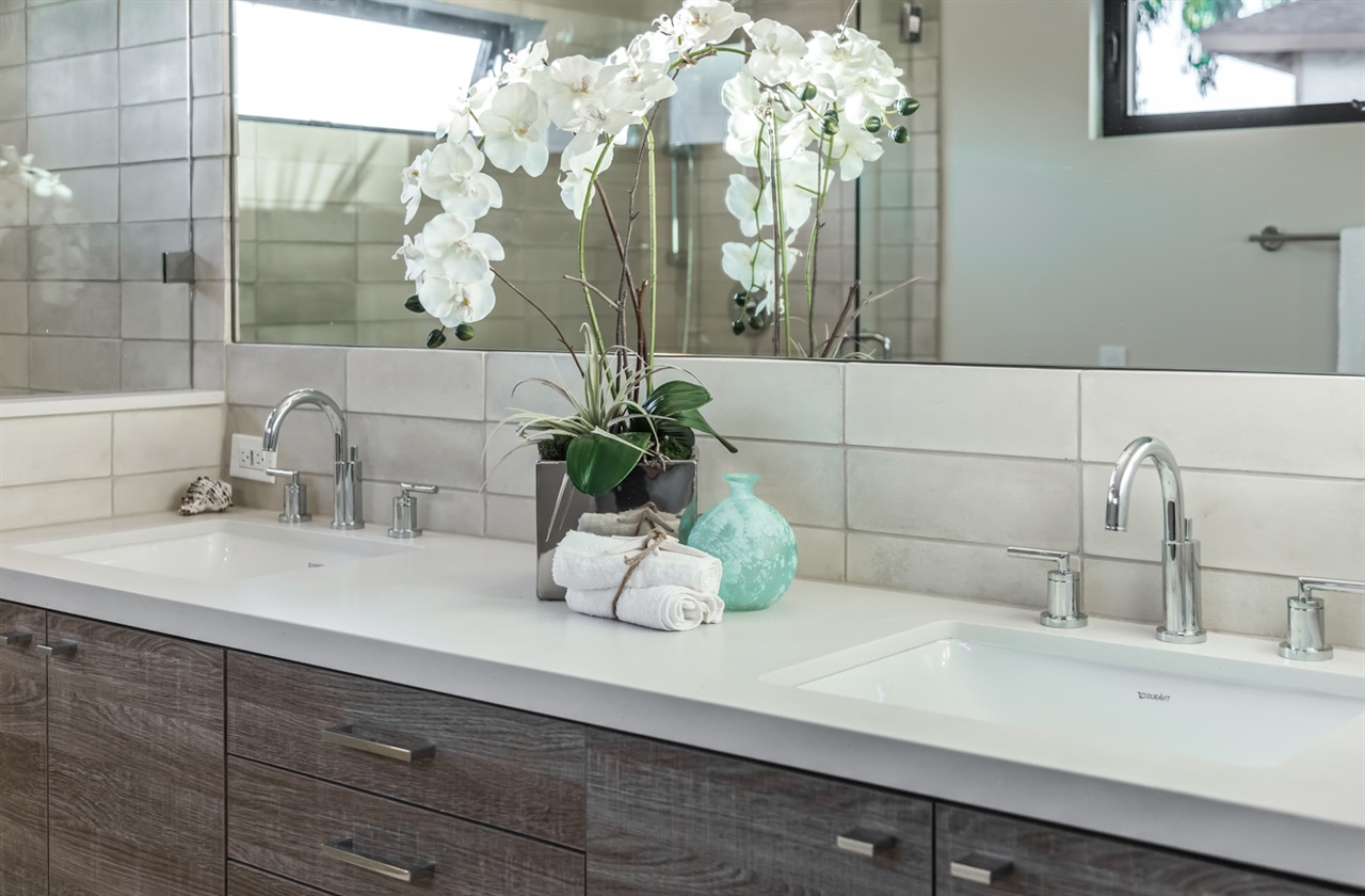 244 Pacific Avenue Solana Beach, CA 92075 - Photo 14 of 20 Master bath has floating vanity, built in mirror and tile work wrapping around from the shower