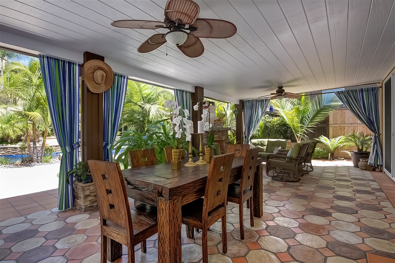 1853 Shadetree Drive San Marcos, CA 92078 - Photo 20 of 25 Outdoor dining area, Resort style amenities in the Outdoor living area, three outdoor ceiling fans/lights, TV hookup.