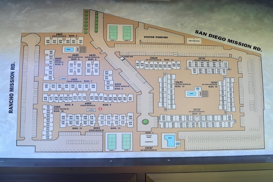 5989 Rancho Mission Road, Unit 105 San Diego, CA 92108 - Photo 23 of 23 Map of the entire complex- unit #105 in the first building on the lower left hand corner. You can see how close this unit is to many of the amenities!