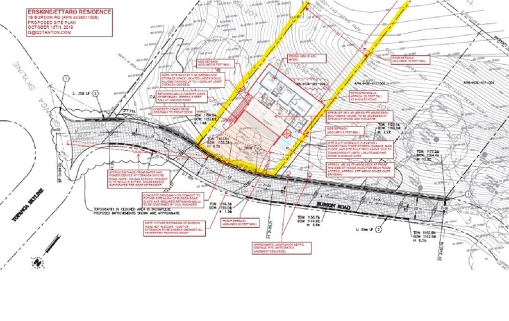 1 Burson Road Topanga, CA 90290 - Photo 2 of 10 The 2nd lot from the left shows a plan for a 3 bed, 2-3 bath home that could potentially be built on this site with 3 car garage & wine cellar below, patio, roof terrace & elevator.