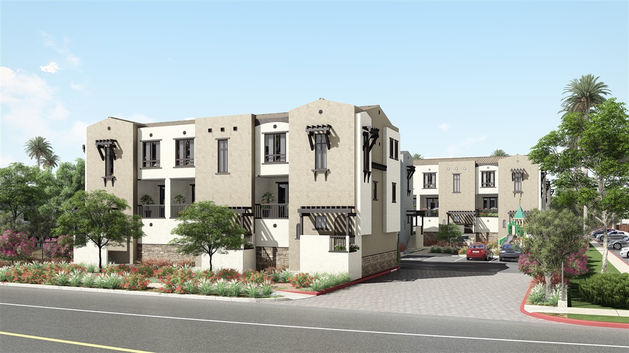 8850 Olive Lane, Unit 16 Santee, CA 92071 - Photo 16 of 17 Street view of Montivo Townhomes. The stylish architecture includes two color schemes and rich architectural details of stone, ornamental iron and trellised entries.