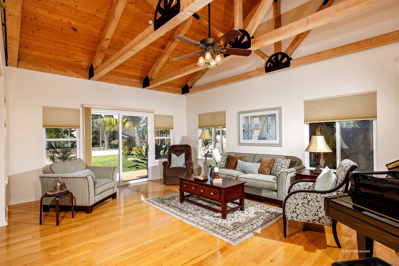 449 Ocean View Avenue Encinitas, CA 92024 - Photo 4 of 23 High ceilings with exposed wood beams
